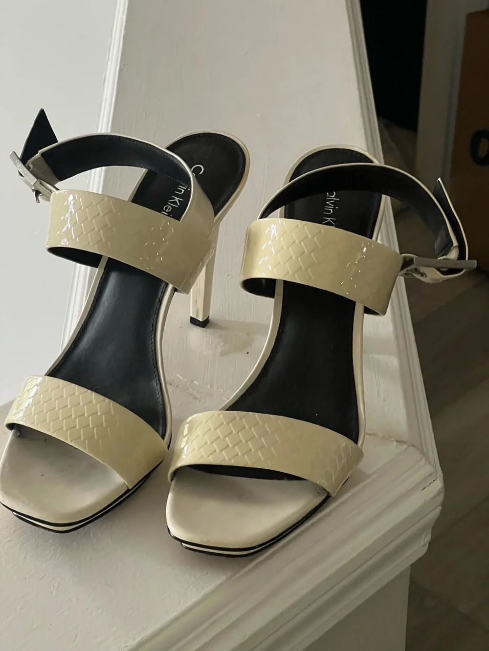 Calvin Klein Cream Patent Leather Two-Strap Stiletto Sandals